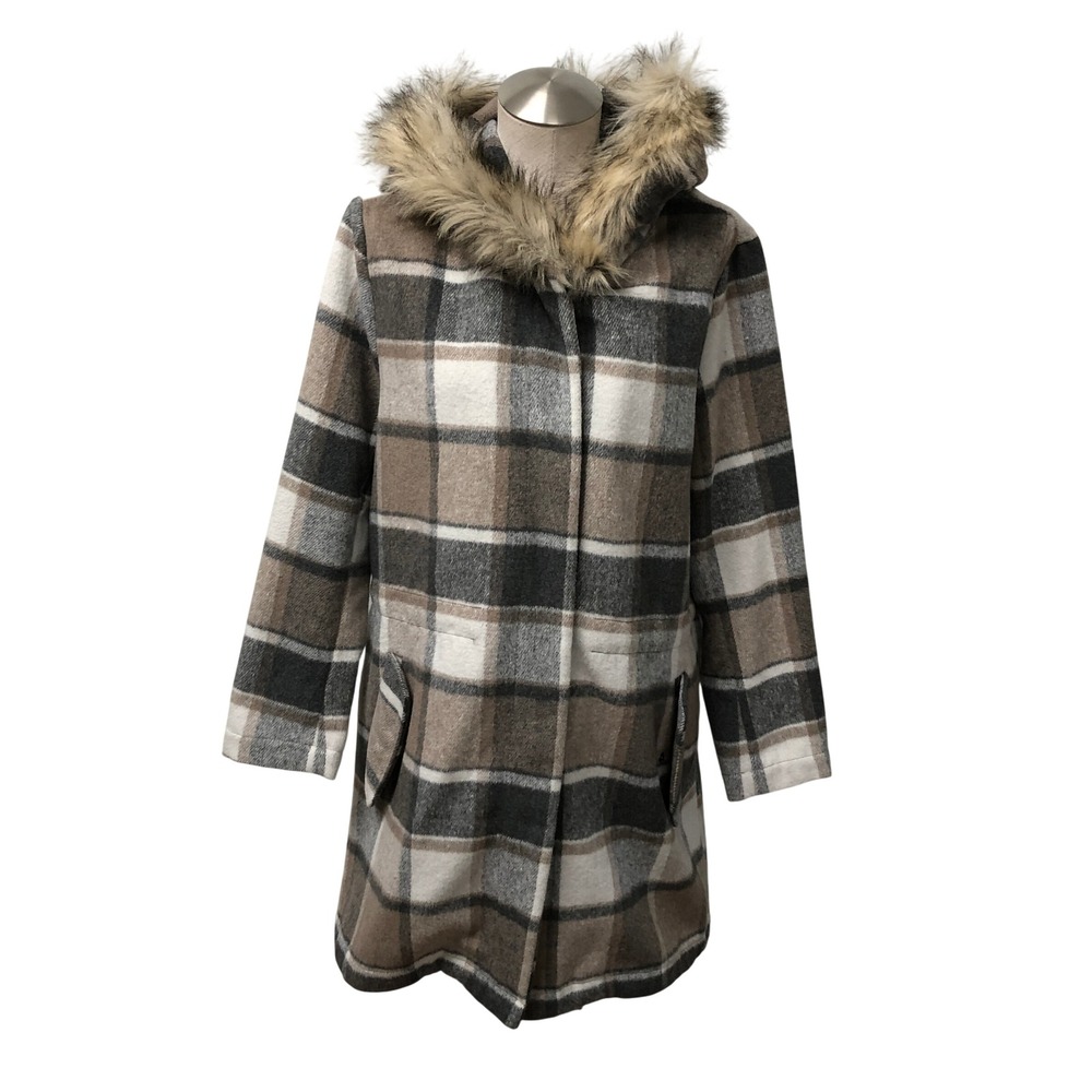 BB Dakota Plaid Faux Fur Trim Hooded Coat Womens Large Brown Grey Preppy Cabin
